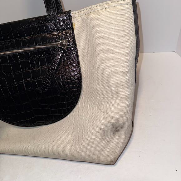 TOD´S Tasca Canvas & Croc Embossed Leather Tote Black & White Made in Italy - Picture 6 of 16